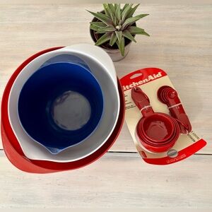 NWT KitchenAid Measuring Cups & Spoons Set + 3 Mixing Bowls (Red/White/Blue)